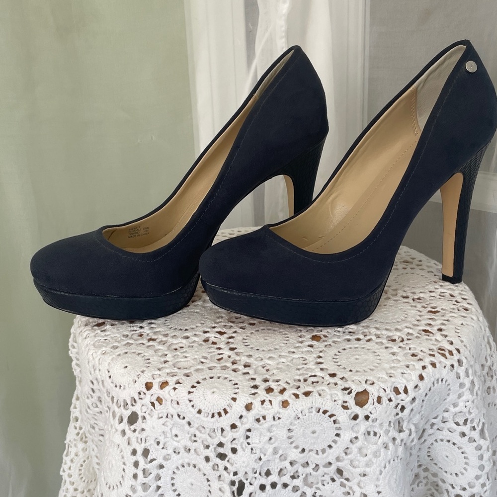 Calvin Klein Kendall Dark Blue Suede Platform Heels Vintage 8.5